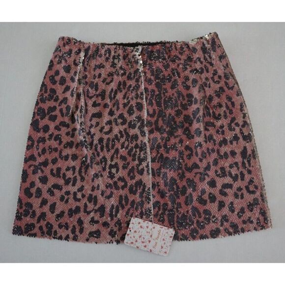 Free People F19R08506 Women's Sz 0 Pink Cheetah Sequined Mini A-Line Skirt $128 - Picture 2 of 9